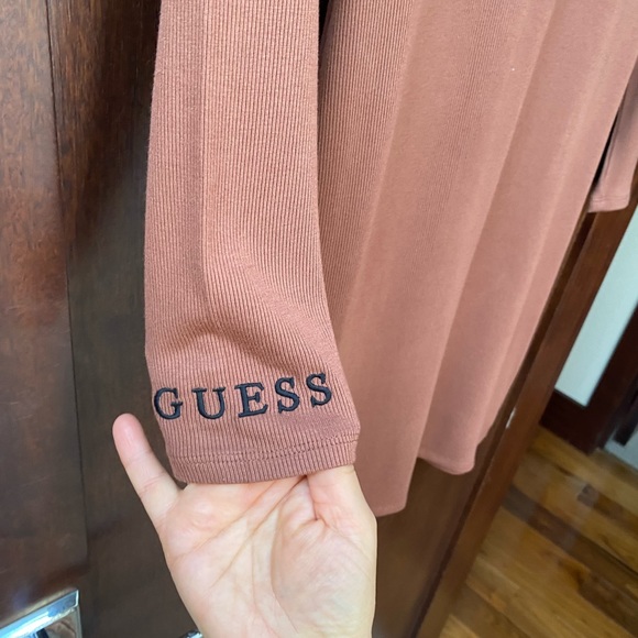 NWT Guess gold zip front midi dress in brown. Guess logo on sleeves. - Picture 3 of 7